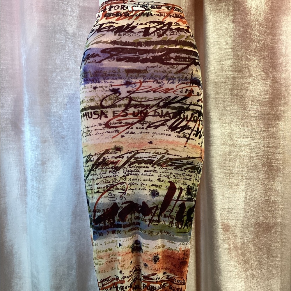 Y2K 90s Jean Paul Gaultier Maille Script hand writing print midi Mesh skirt S - Picture 4 of 7